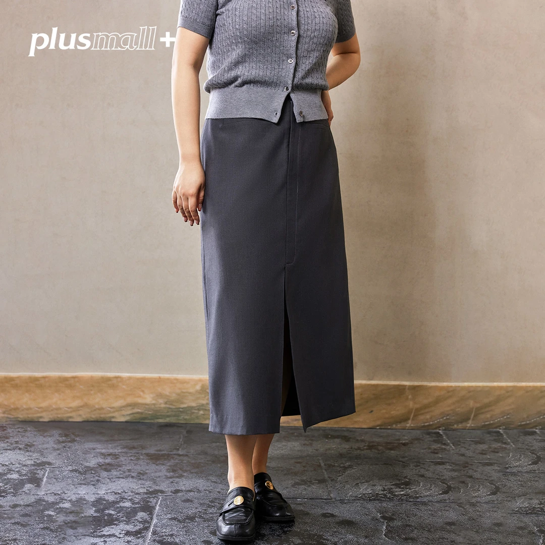 PLUSMALL 智性缪斯 混纺春款H型前中开衩半松紧腰半身裙PM2502077