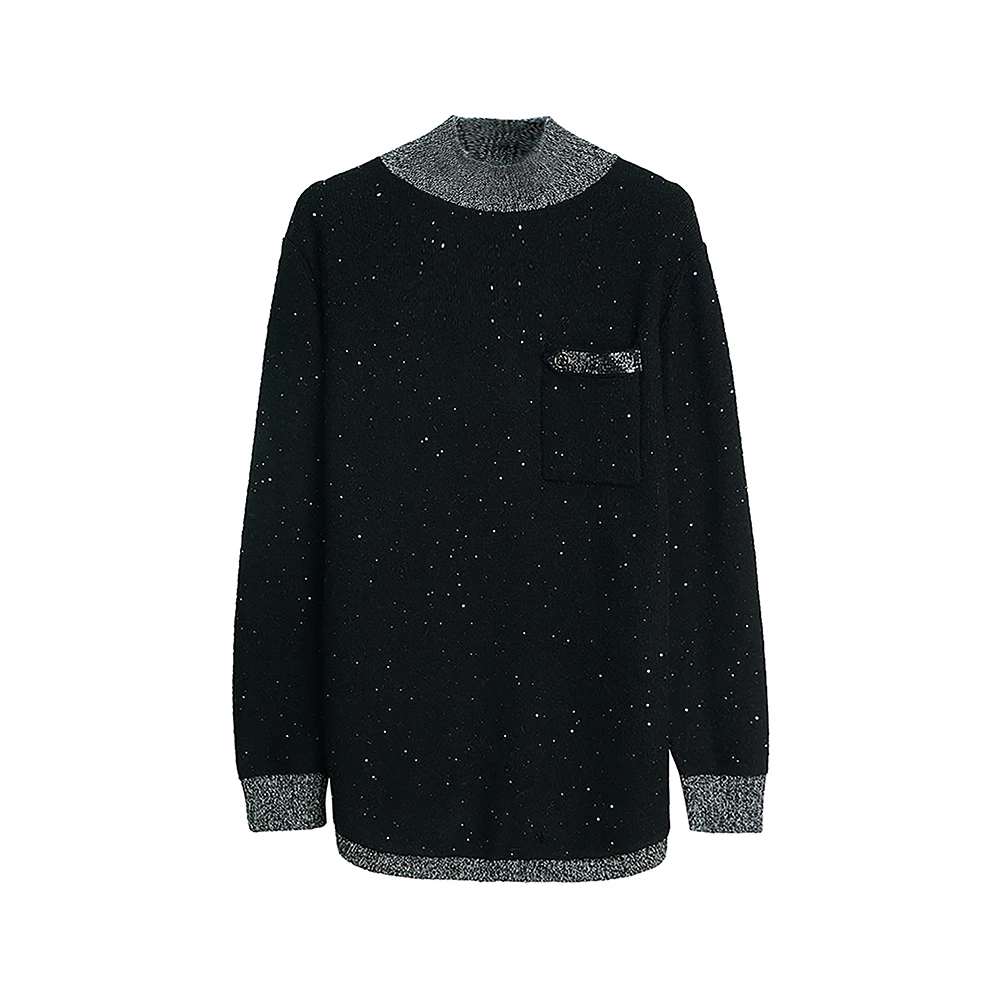 HY710【上新】设计感圆领慵懒风毛衣亮片点缀撞色气质宽松3D