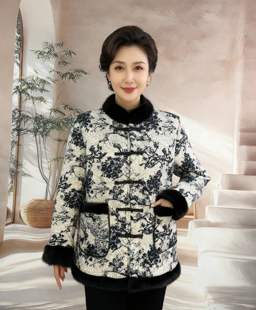 国风外套女装时尚加厚保暖短款加绒冬季毛领-木棉树MMS