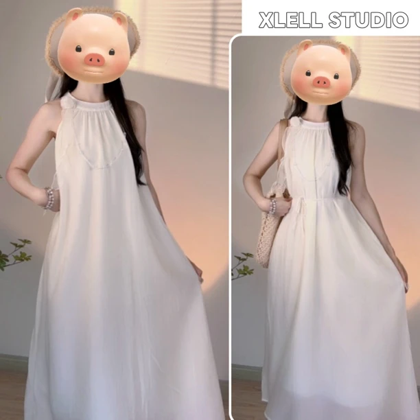 法式立体花朵挂脖连衣裙女2025夏季新款甜美花边海边度假露肩长裙