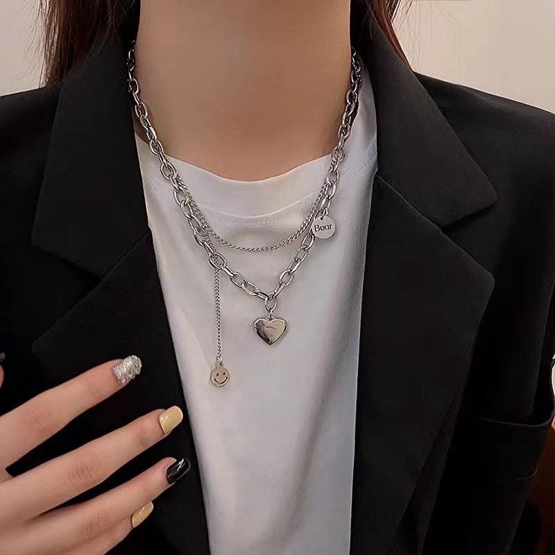 合金项链 叠戴爱心项链女小众设计感嘻哈锁骨链配饰
