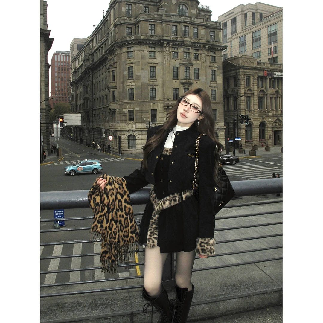 DREAM SEVEN77 加厚气质豹纹拼接吊带连衣裙收腰短款裙子QL96388