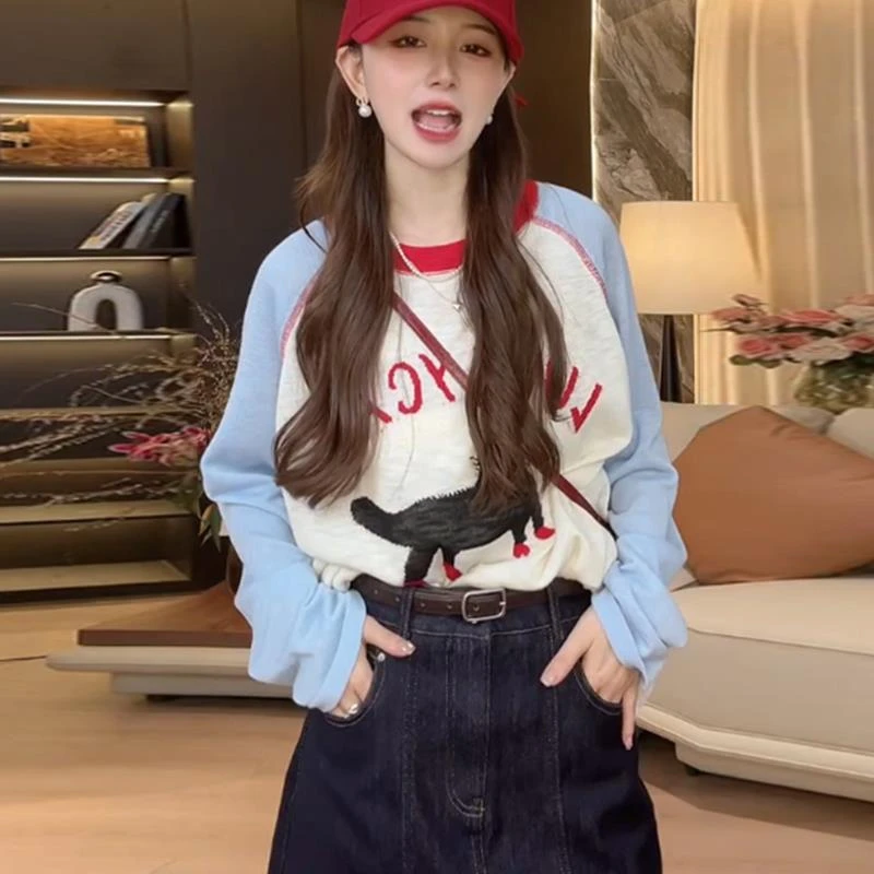 【幸运猫】春夏撞色插肩袖猫咪图案长袖防晒上衣女宽松针织罩衫t恤