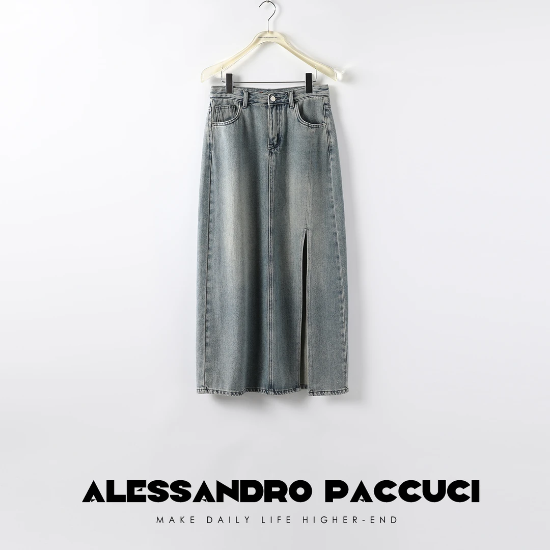 AP洛哥19978 X水洗棉复古做旧开叉牛仔长裙女装