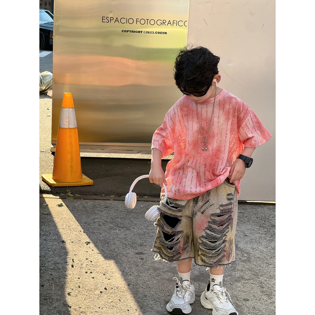 T雷西: T25夏季新款韩版男女童百搭轧染设计感T恤儿童短袖上衣