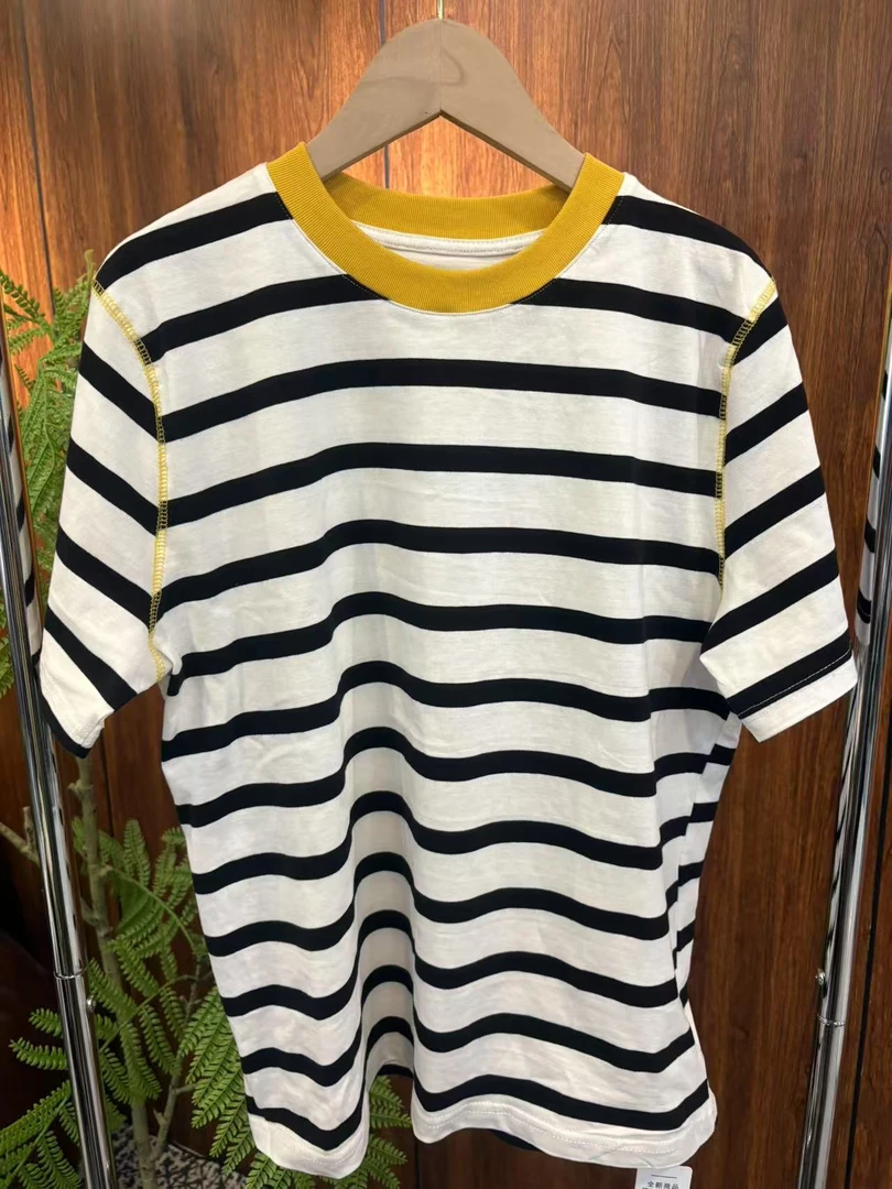 大媛家25夏【横条撞黄领】肩头明线设计百搭款T恤上衣条纹打底圆领