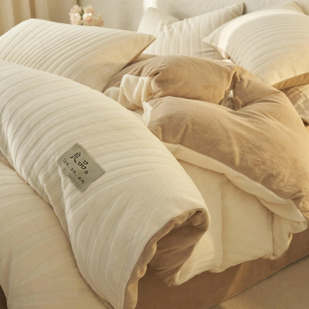 品牌撤柜轻奢雕花牛奶绒床上四件套2025新款双面毛绒被套珊瑚绒床