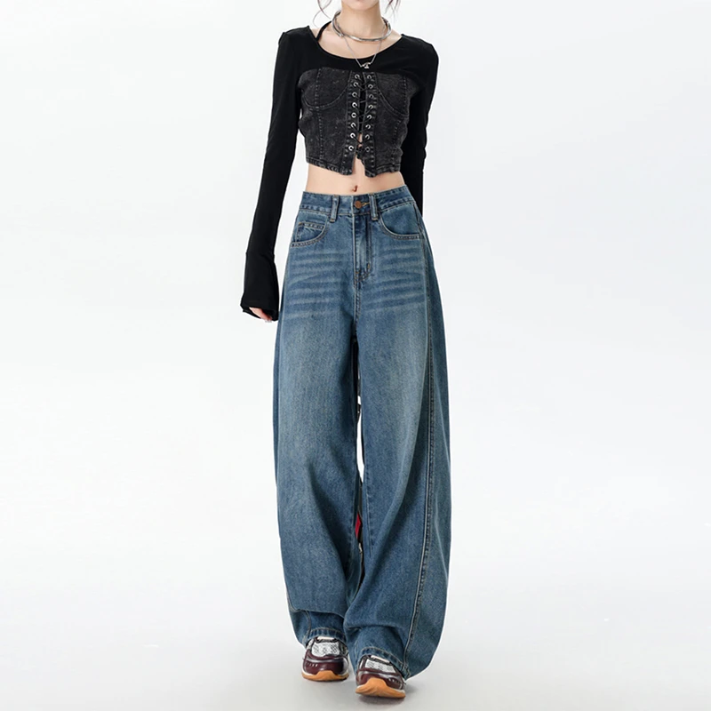 阔腿个性弯刀裤2025春季款低腰百搭宽松遮肉牛仔裤女深蓝复古蓝