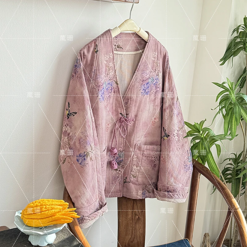 【紫风铃】复古国风印花V领蝙蝠袖宽松廓形外套开衫 52153