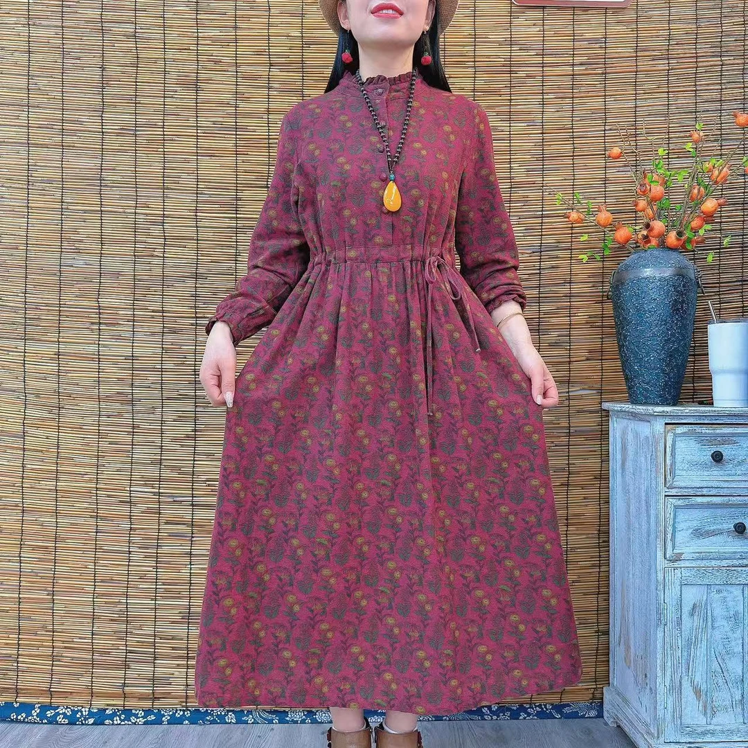 8713春秋立领优雅宽松连衣裙时尚A字版长款大摆复古连衣裙8713