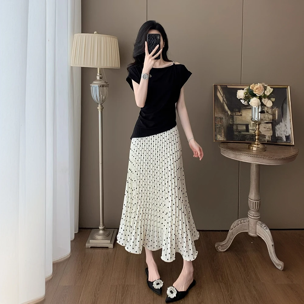 2025夏款新款洋气一字领别致上衣设计感波点收腰半身裙两件套装