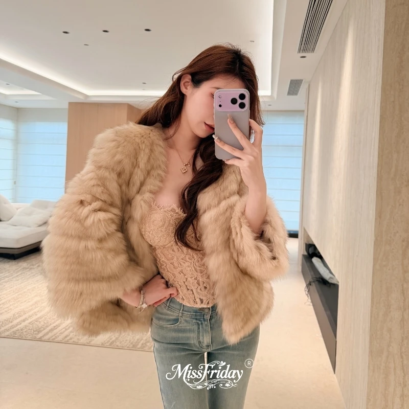 「MissFriday」V领车条狐狸毛皮草外套北欧进口天然皮草短款5782