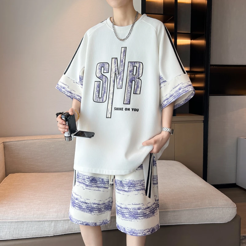 夏季男士时尚短袖套装潮流帅气宽松港风渐变青少年休闲运动两件套