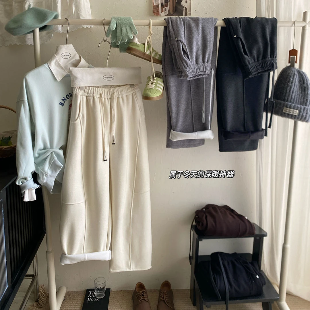 立体裁剪拼接阔腿加绒香蕉弯刀裤女秋冬温暖绒加厚气球运动休闲裤
