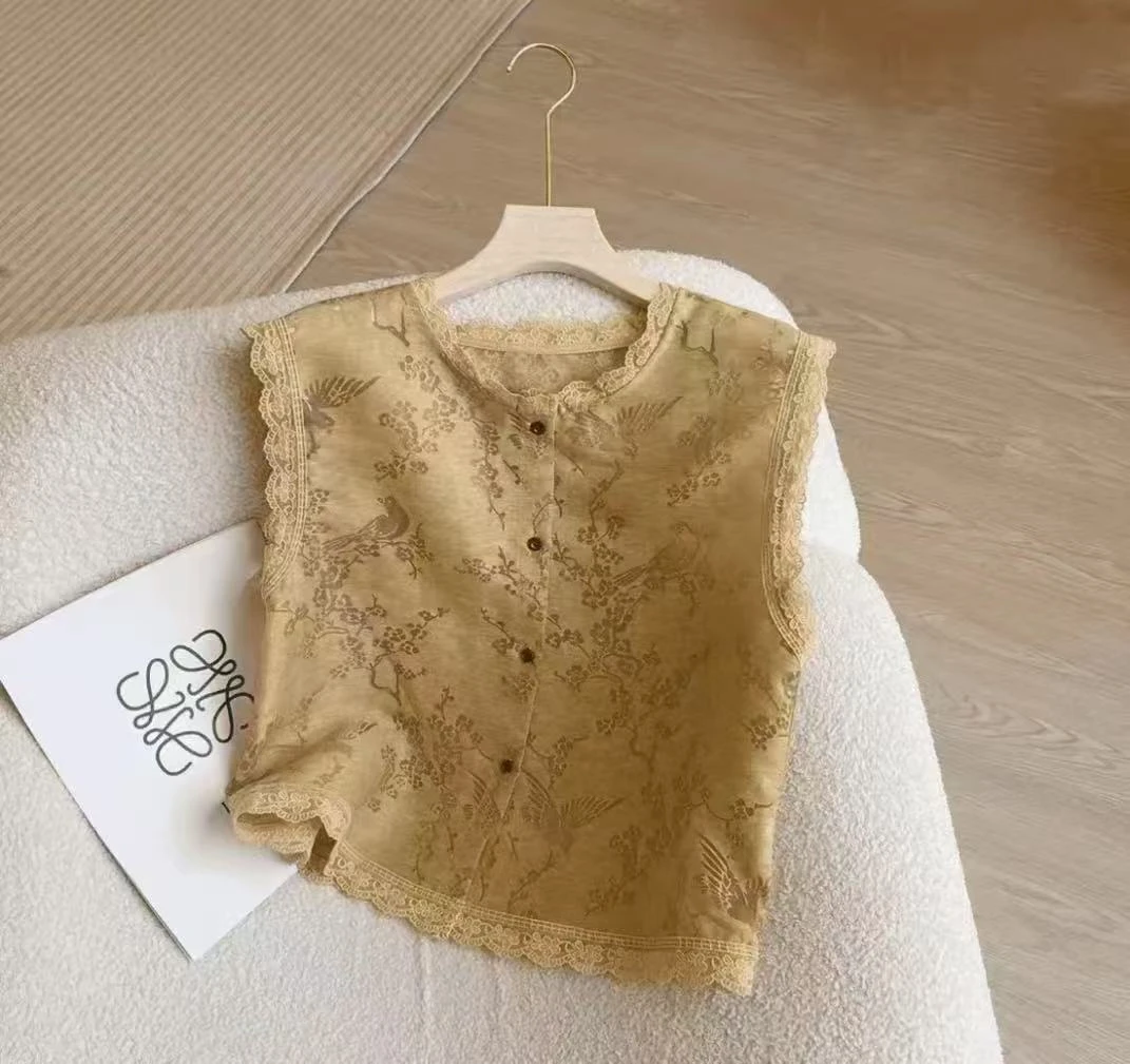 D.D新中式国风刺绣欧根纱马甲背心女夏季薄款高级感无袖背心上衣