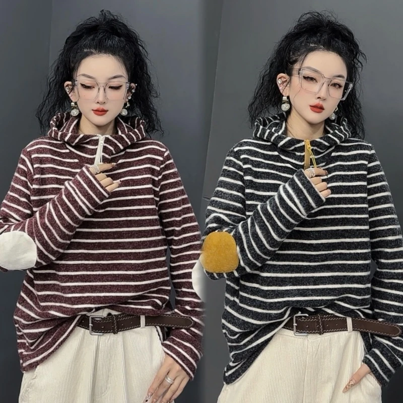 亿火中长款卫衣打底慵懒风连帽拉链磨毛长袖耐脏条纹冬季-8260