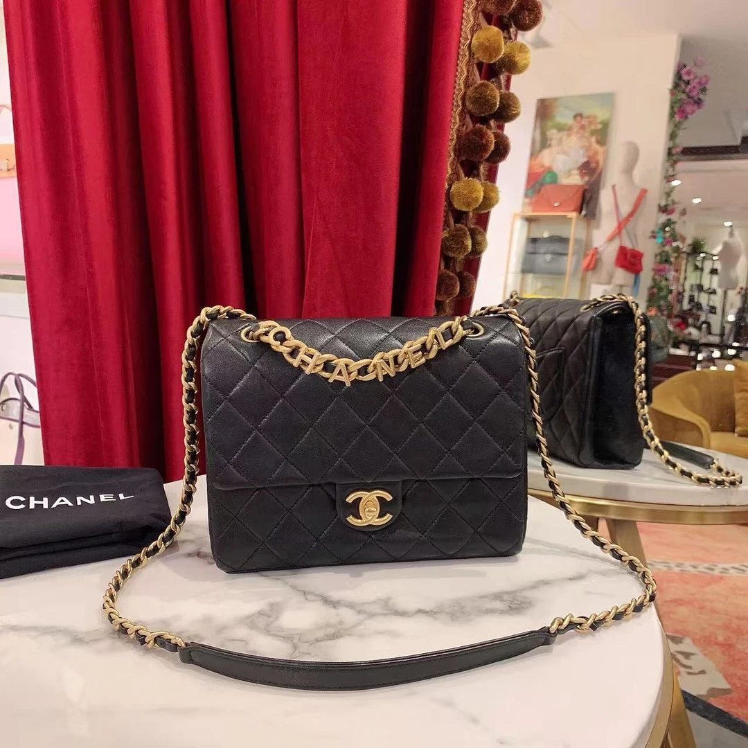 95新 Chanel/香奈儿 23P新款豆腐包黑金羊皮芯片款/26622108