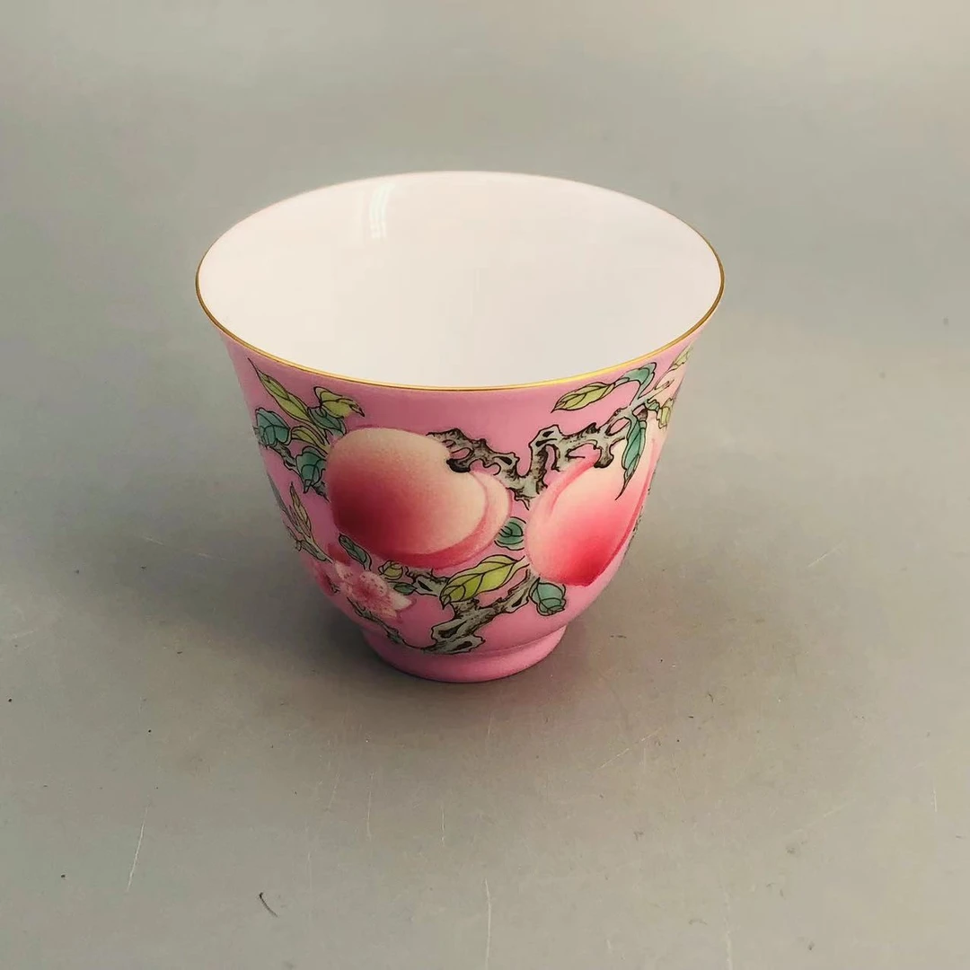 景德镇官方甄选 奉旨官窑 粉地五桃铃铛杯C051202