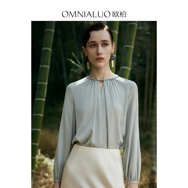 欧柏兰奴高端重磅真丝衬衫女长袖2025春设计感宽松大码桑蚕丝上衣