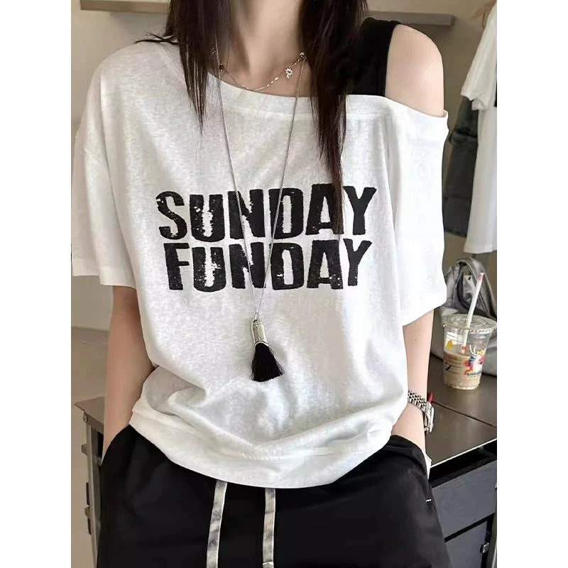 【运补6-8】2025撞色字母休闲印花夏季斜肩吊带短袖T恤+白色圆领