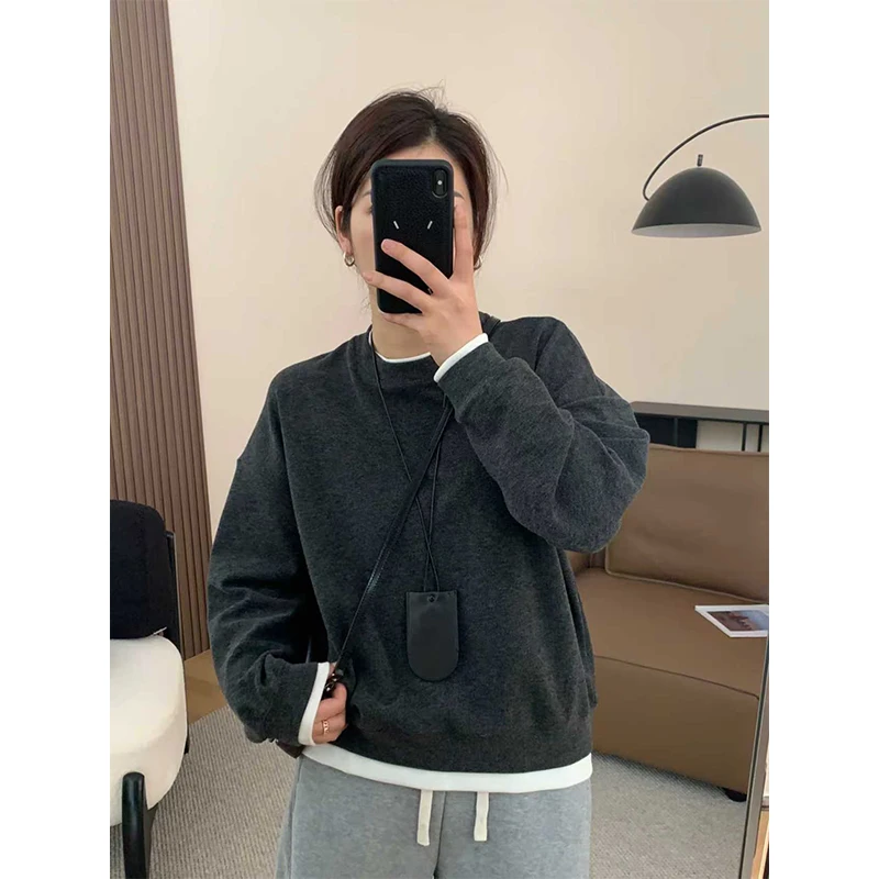 大码mm200斤美式原创宽松拼色假两件卫衣女秋季宽松遮肉ins上衣