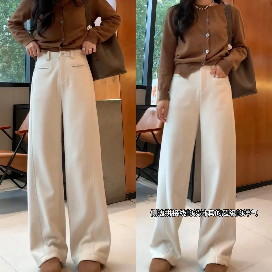 白色阔腿裤女2025新款春秋款高腰窄版直筒裤高级感显瘦醋酸羊毛裤