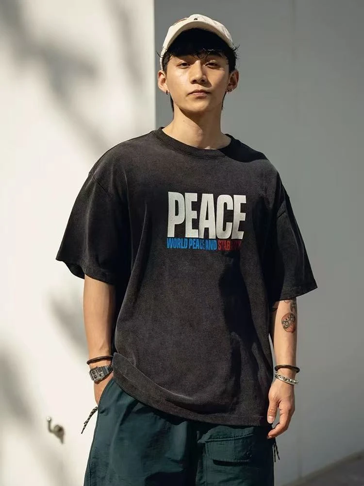 简约字母印花青年水洗短袖T恤男 夏季街头潮流宽松休闲体恤-789