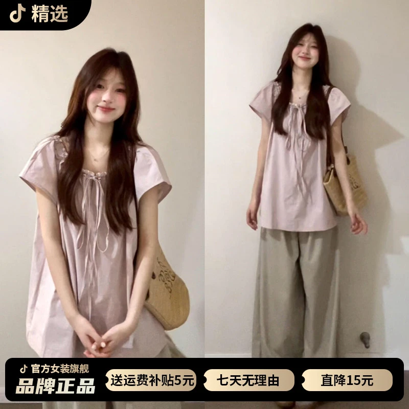 法式短袖粉色衬衫女士2026夏季新款爆款气质衬衣女生韩系ins衣服