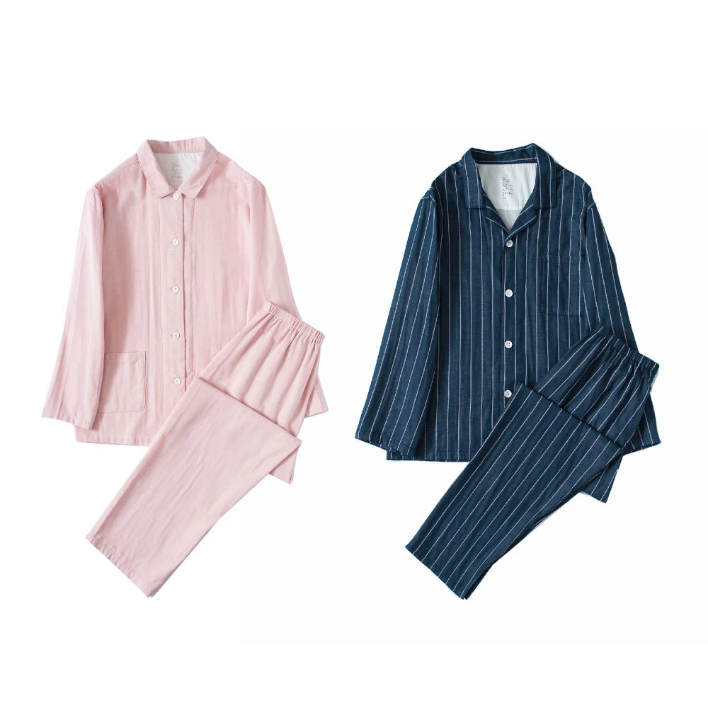 双层纱睡衣薄款休闲条纹长袖无印无侧缝纯棉良品家居服情侣套装3