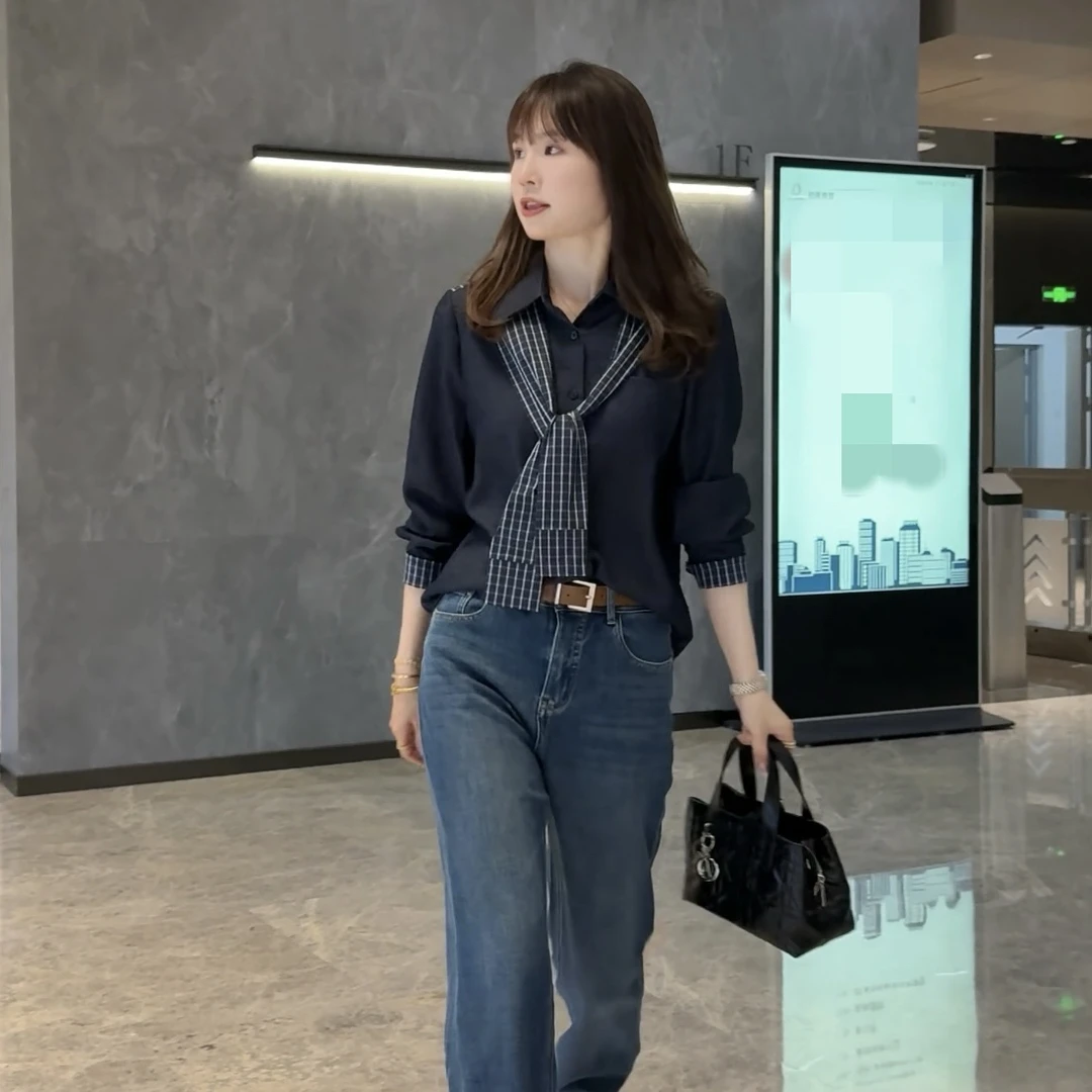 LMENY“常青藤”假两件格子拼接亚麻显瘦衬衫25CC001