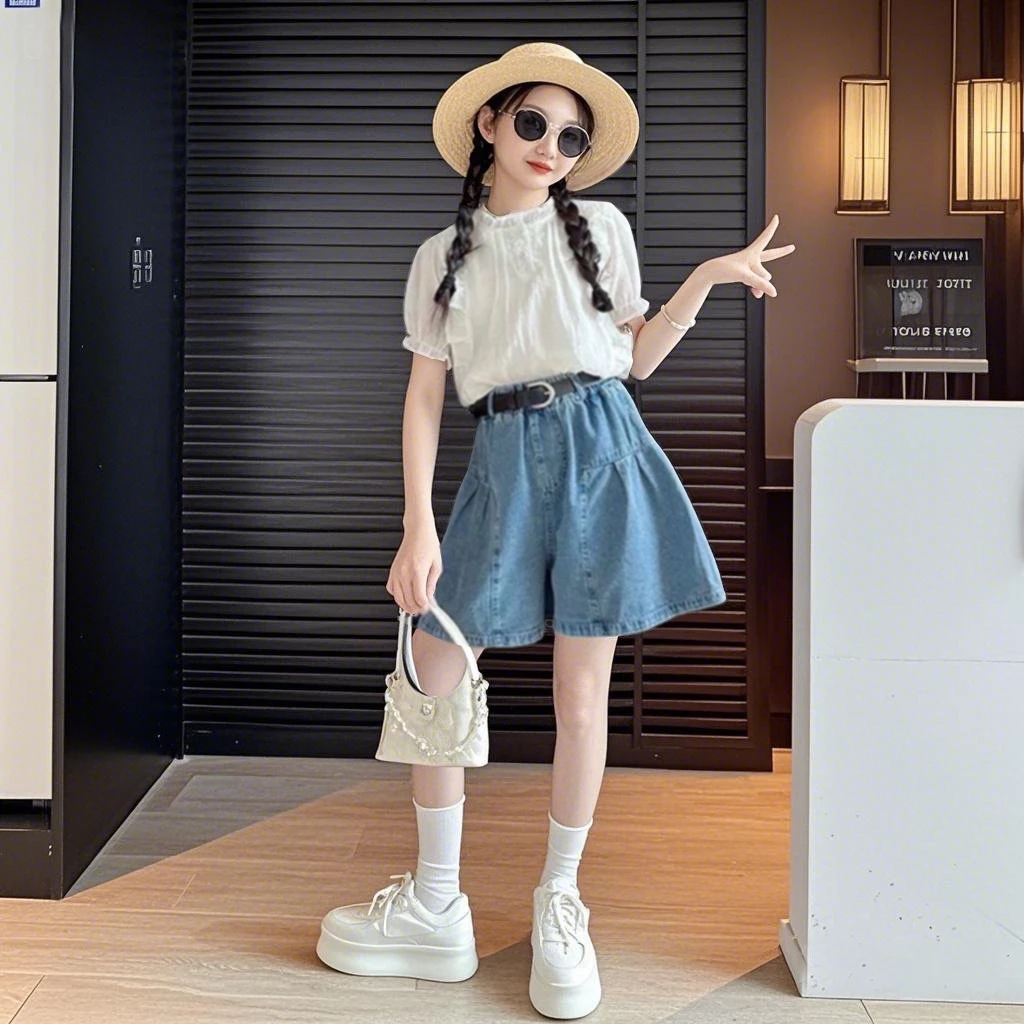 女童夏装套装2025新款儿童洋气娃娃衫上衣中大童牛仔短裙裤两件套