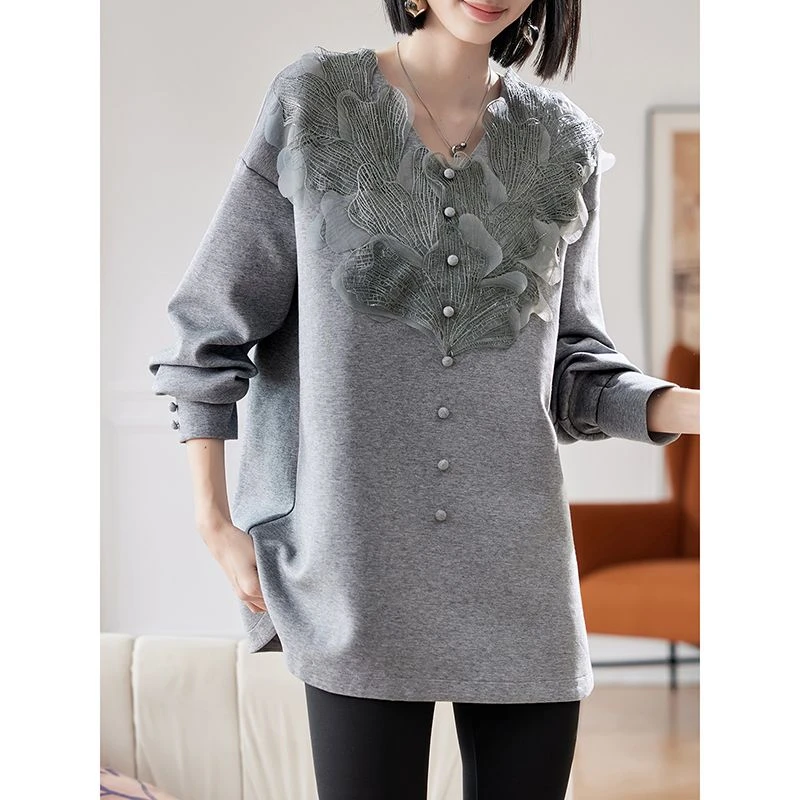 高端中长款蕾丝拼接宽松长袖卫衣2025春秋季时尚百搭休闲简约上衣