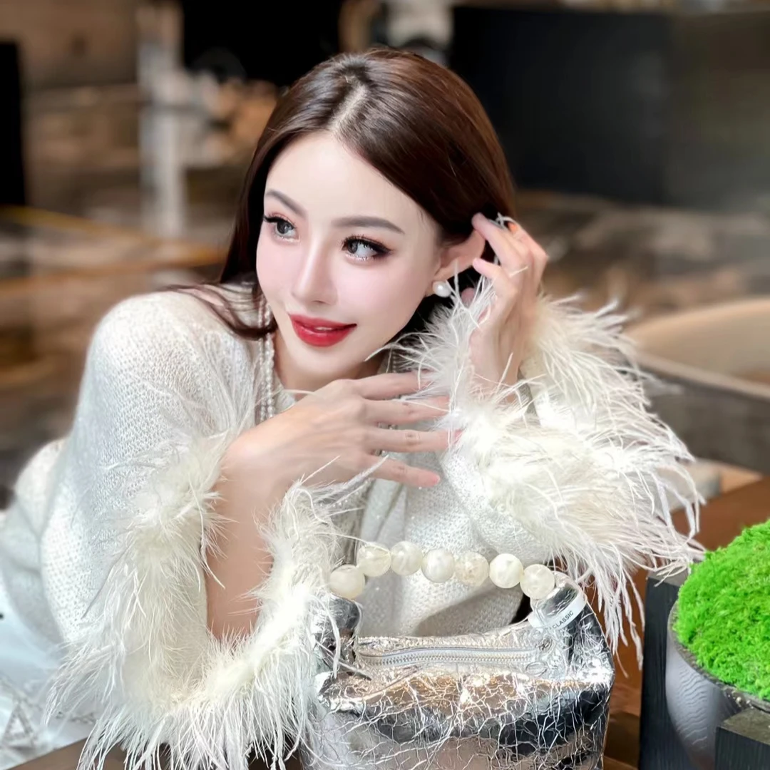 设计师品牌亮闪闪羽毛长袖圆领套头薄款针织衫女装2025早春新款