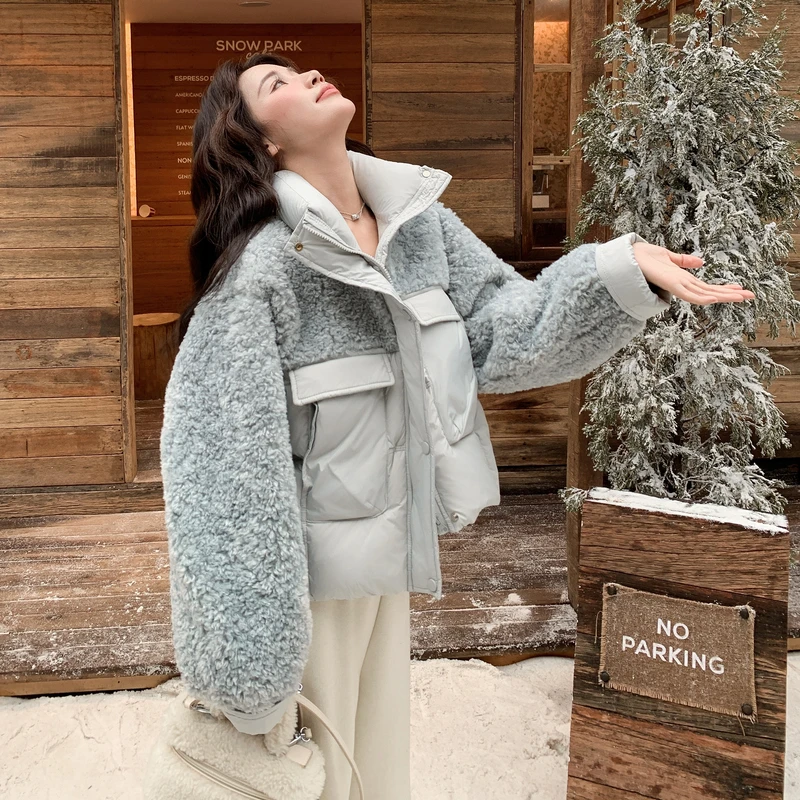 高级感毛绒翻领皮衣羽绒服女冬2025新款内胆90白鸭绒短款夹克外套