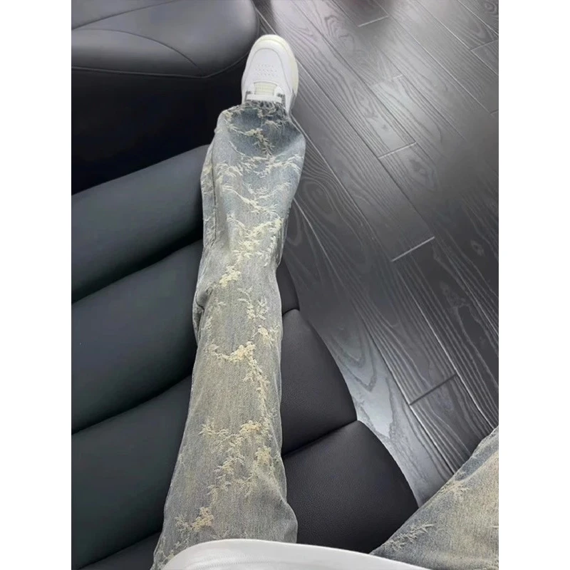 蓝色荆棘提花微喇牛仔裤男款夏季美式高街vibe裤子修身直筒弯刀裤