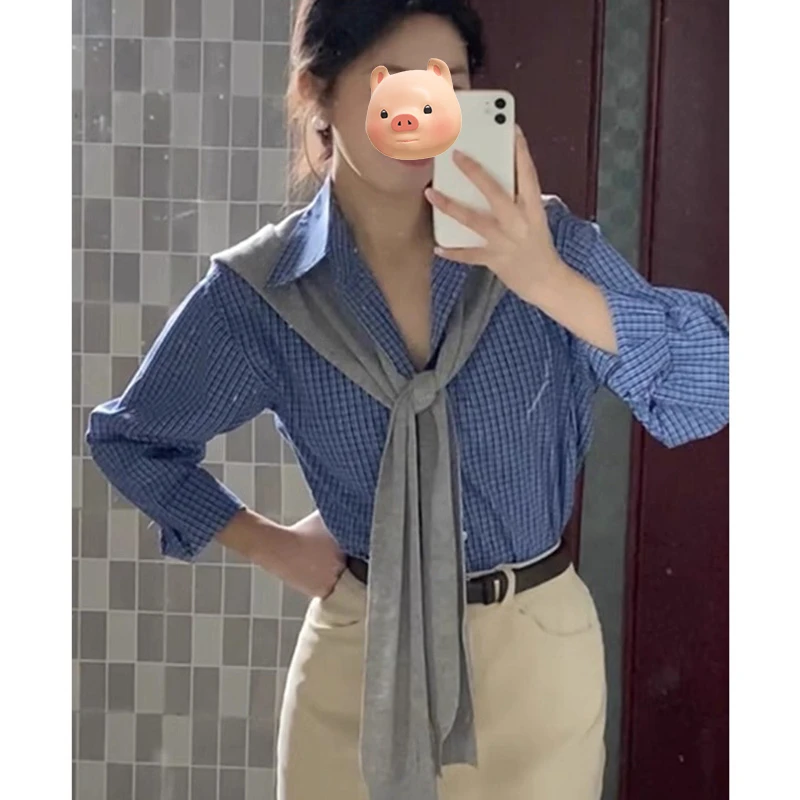 蓝色格子长袖衬衫女2025初早秋季新款设计感衬衣外套职业通勤上衣