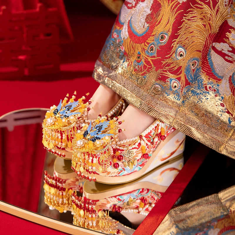 凤栖良缘中式婚鞋新娘结婚手工红色高端新款汉服鞋高跟秀禾新娘鞋
