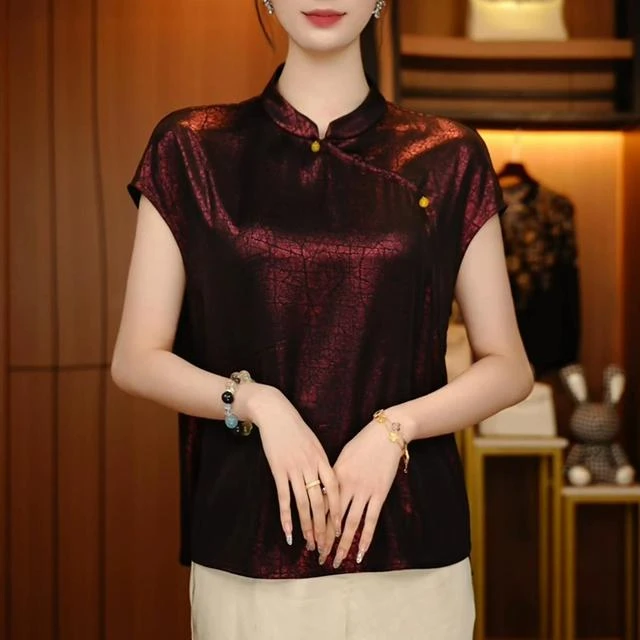 气质立领短袖小衫夏季新款时尚龟裂纹新中式I宽松垂感显瘦女上衣