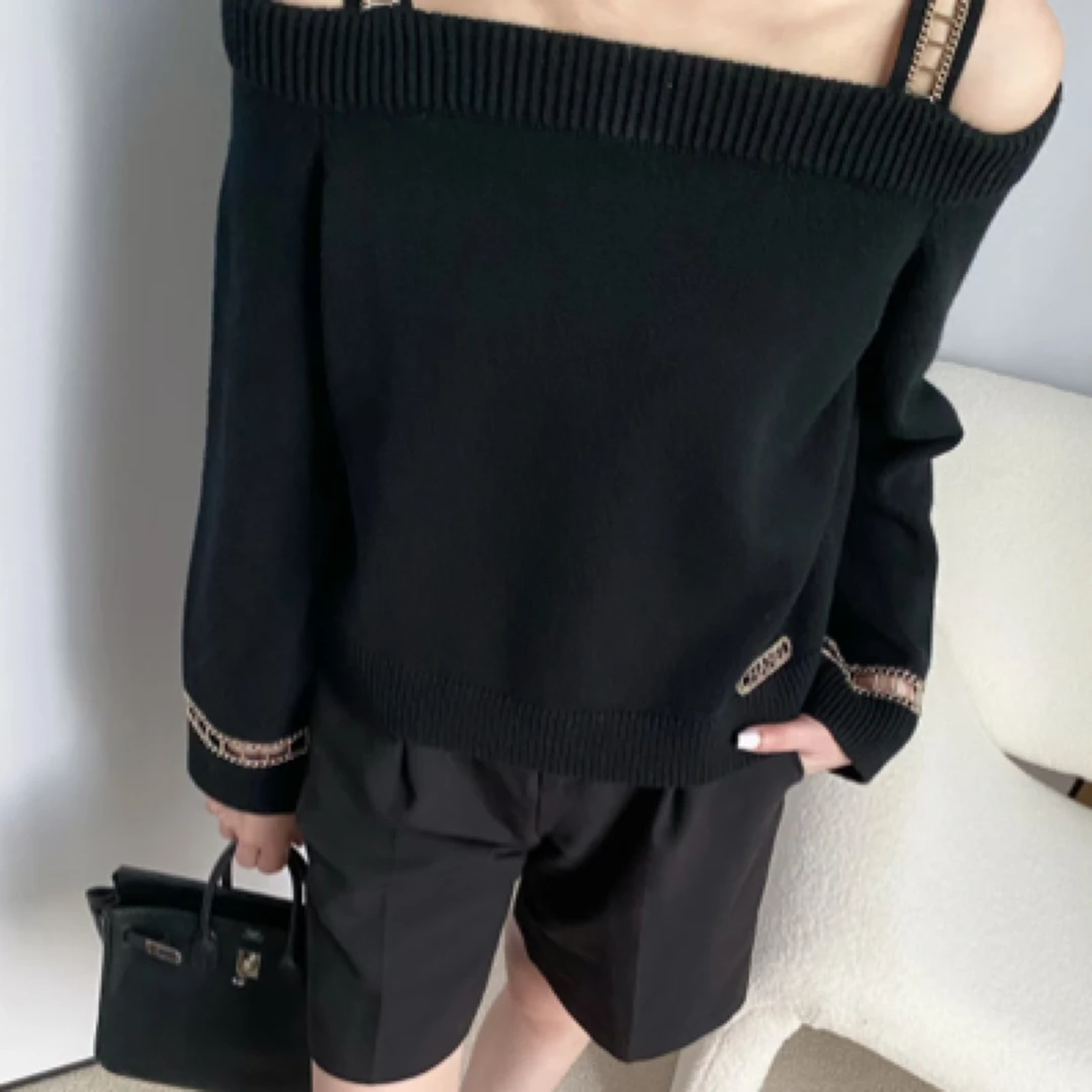 99新 Chanel/香奈儿 20C深蓝色山羊绒绵羊毛露肩轨道链条针织34码