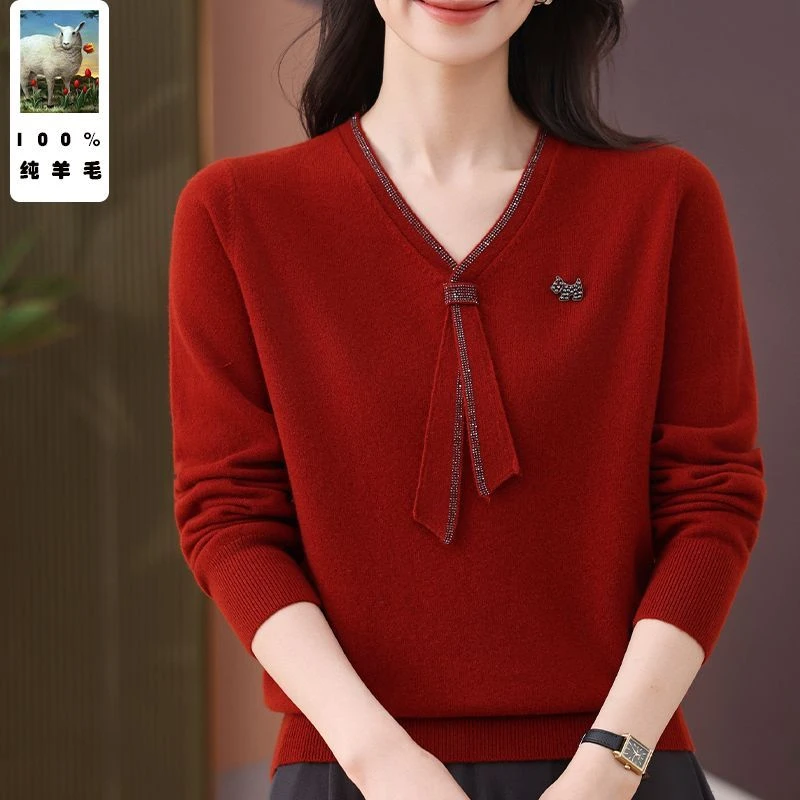 高档妈妈秋冬100%纯羊毛女士百搭羊毛衫中老年春秋保暖红色毛衣服