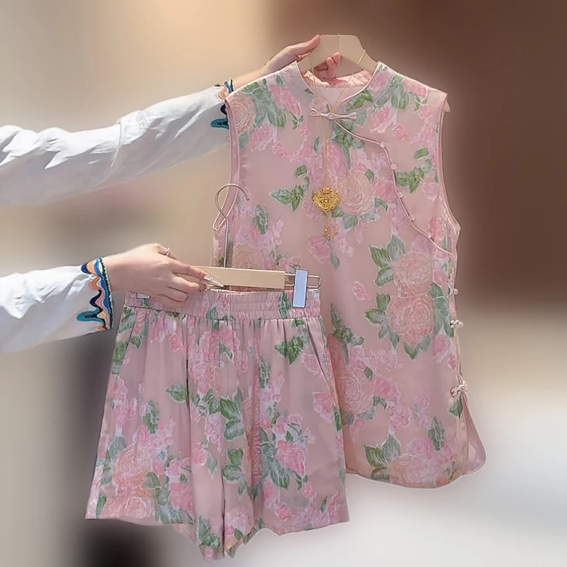 新中式休闲套装女2025年夏季新款盘扣立领上衣高腰阔腿短裤两件套