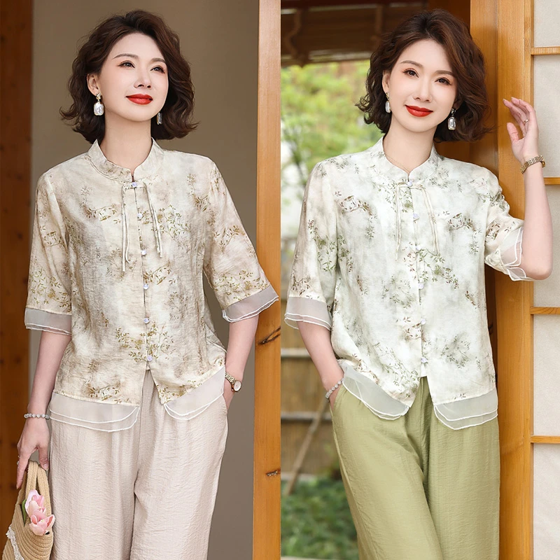 2025中老年女夏装民族风短袖套装新款妈妈装减龄花清凉两件套复古