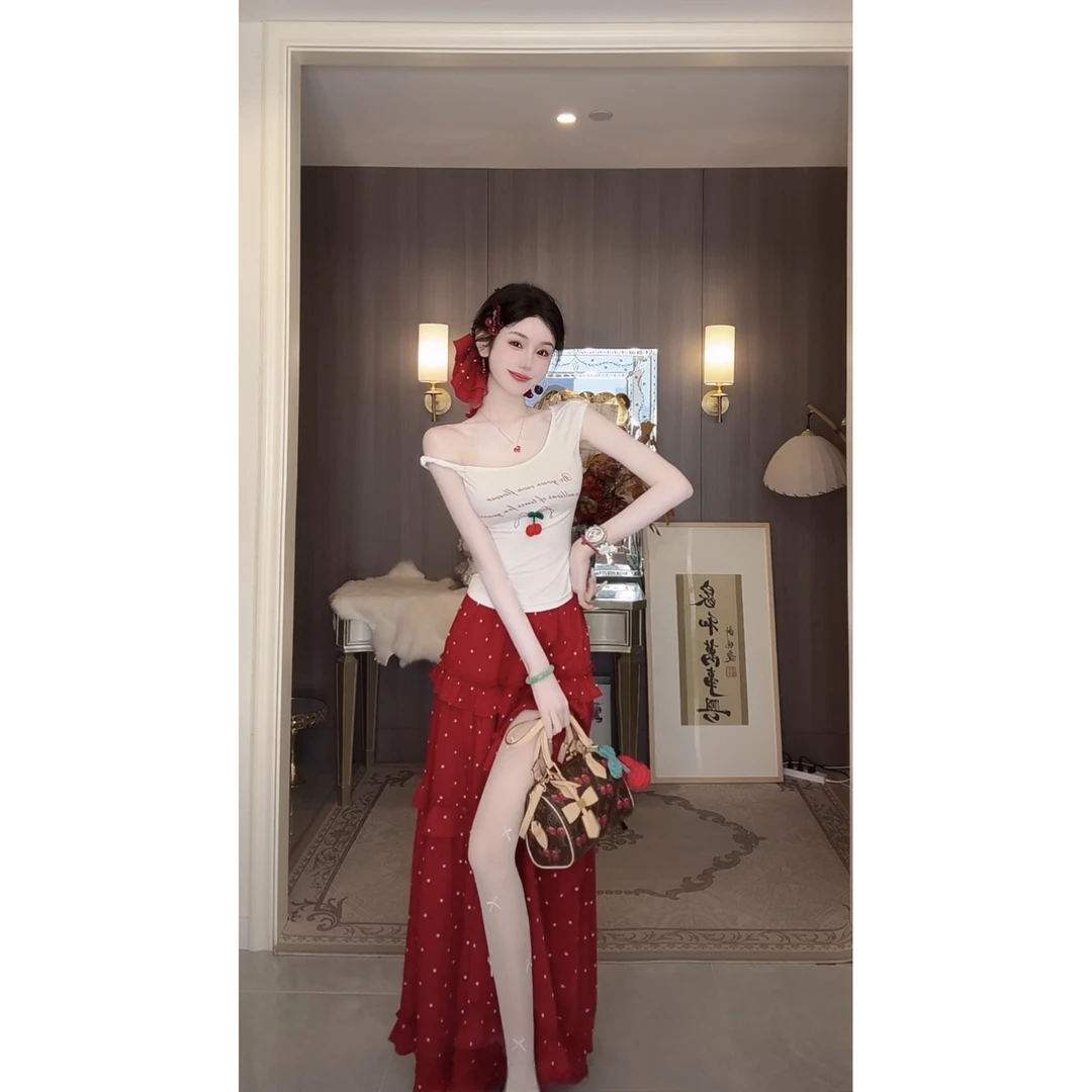 【雅乔定制】樱桃奶芙 设计感斜肩白色樱桃T恤DYLL-25056772