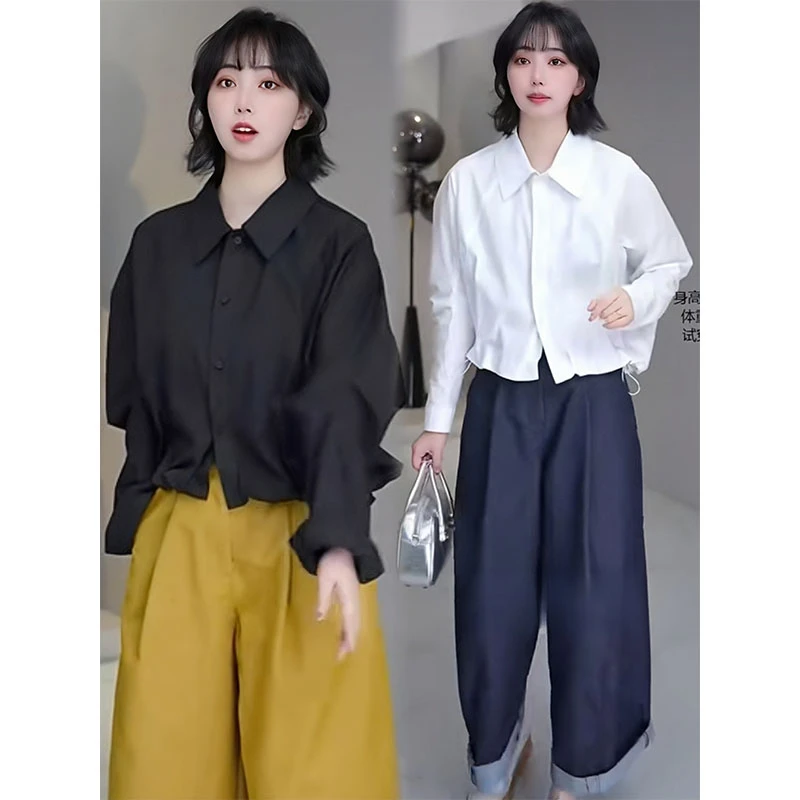 简约设计长袖蝙蝠衬衫2025秋季新款上衣下摆抽绳小个子显瘦衬衣潮