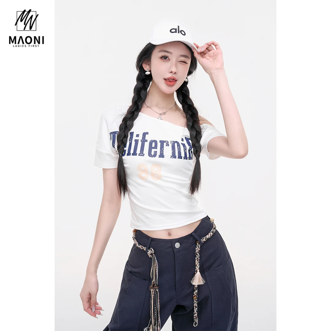 毛妮LADIESFIRST【香肩陷阱】字母印花斜肩短袖T恤女甜美风L1839