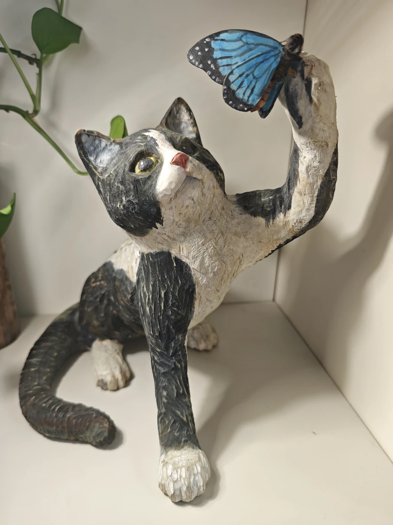 纯手工木雕奶牛猫捕蝶