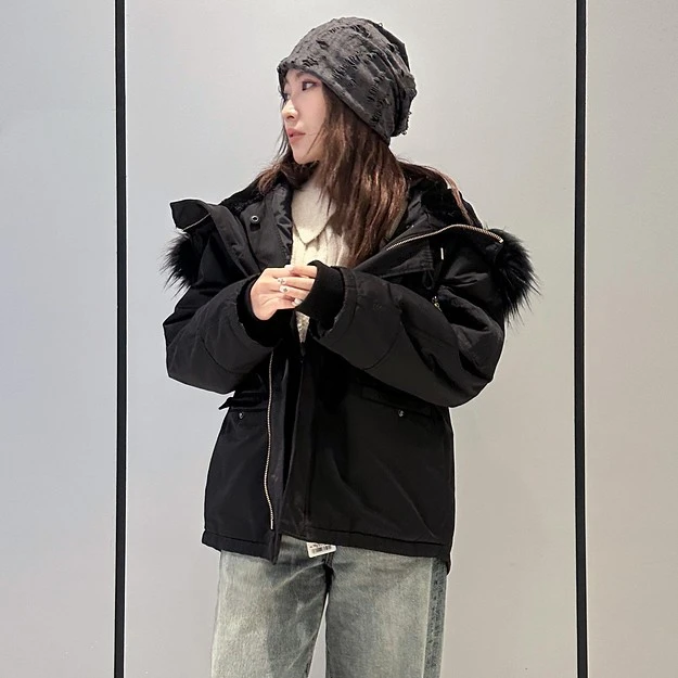 moussy2023冬季可拆卸两穿连帽毛领廓形棉服女028GAG30-5490