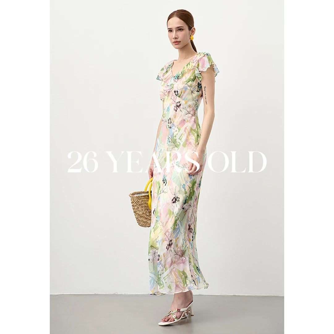 26YEARSOLDV领无袖荷叶边修身显瘦碎花桑蚕丝连衣裙25SS-3033Z