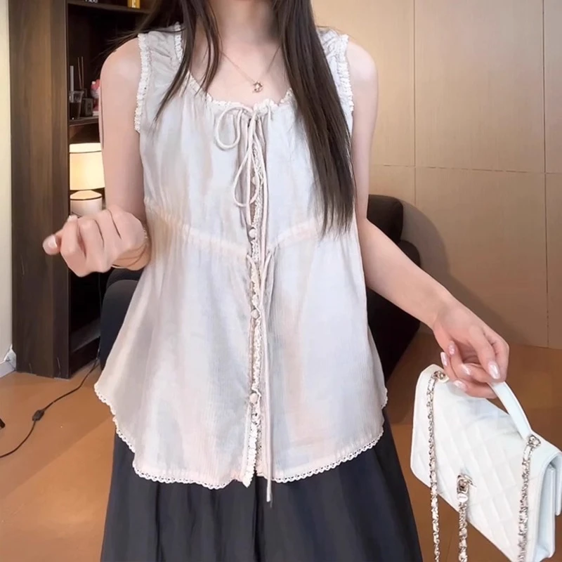 夏天巨好看显瘦微胖mm设计感系带吊带背心女夏外大码宽松无袖上衣