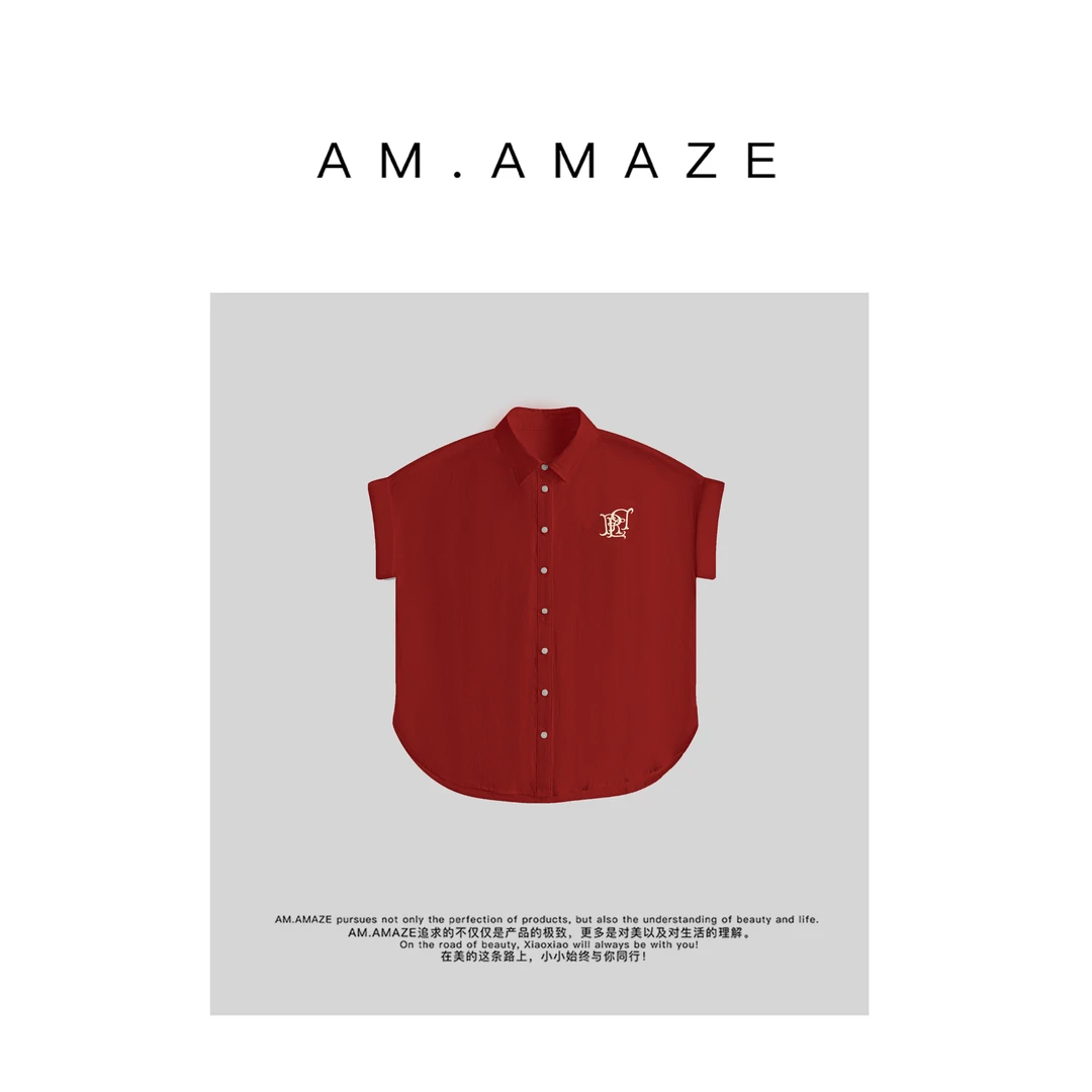 AM.AMAZE 复古亚麻飞飞袖衬衫刺绣短袖衬衣YC1B0058